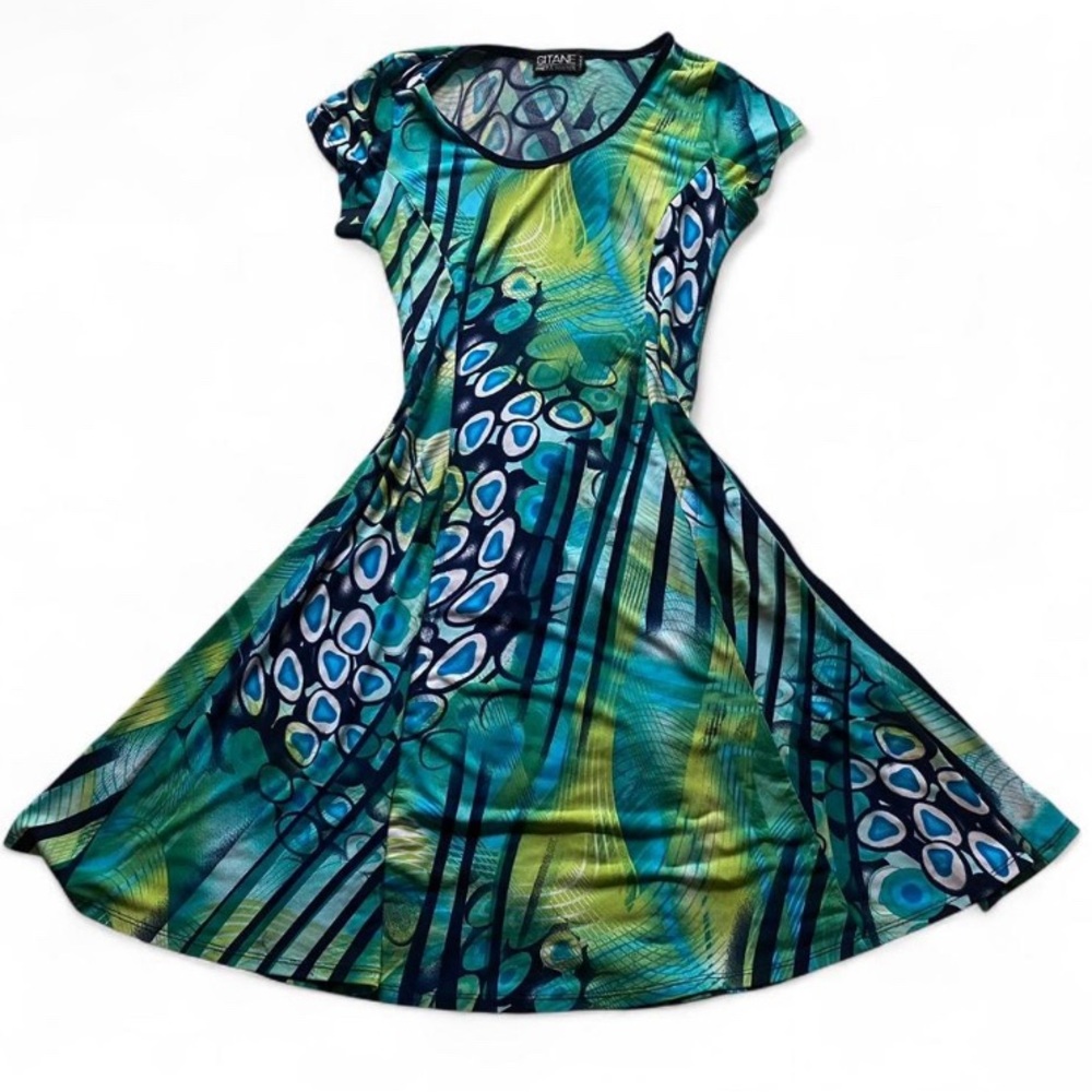 Gitano Vibrant Green and Blue Mini A-line Abstract Dress